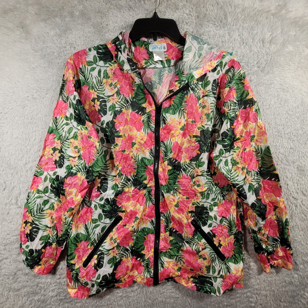 Sack It Jacket Floral Print Lightweight Hood Windbreaker Pink Green‎ White Large